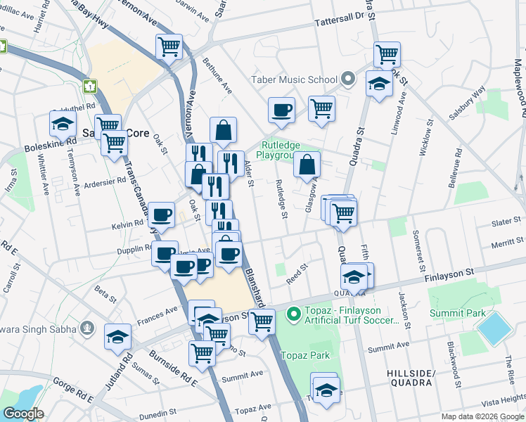 map of restaurants, bars, coffee shops, grocery stores, and more near 3215 Alder Street in Victoria