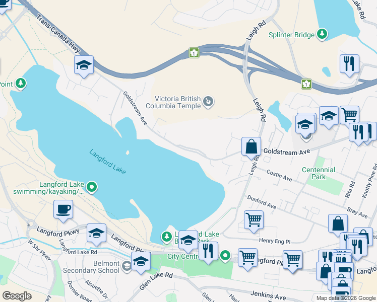 map of restaurants, bars, coffee shops, grocery stores, and more near 1162 Goldstream Avenue in Victoria