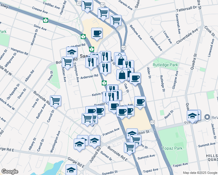 map of restaurants, bars, coffee shops, grocery stores, and more near 200-3301 Douglas Street in Victoria