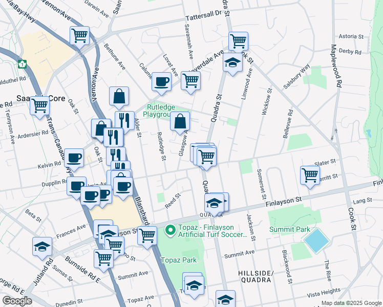 map of restaurants, bars, coffee shops, grocery stores, and more near 3255 Glasgow Avenue in Victoria