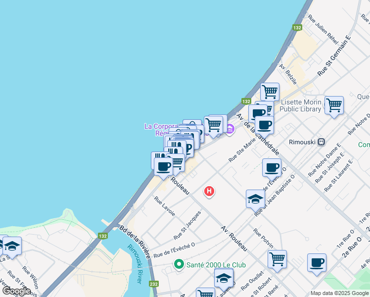map of restaurants, bars, coffee shops, grocery stores, and more near 110 Rue Saint Germain Ouest in Rimouski