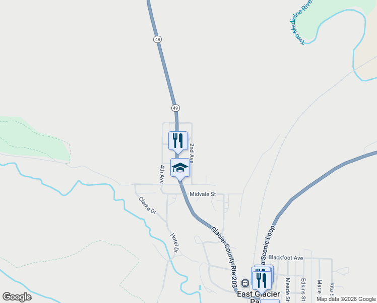 map of restaurants, bars, coffee shops, grocery stores, and more near 1216 Montana 49 in East Glacier Park Village