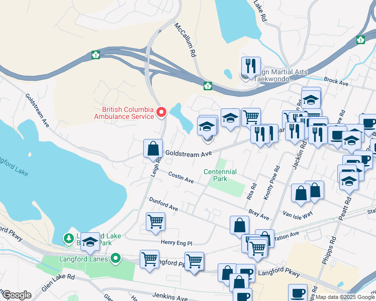 map of restaurants, bars, coffee shops, grocery stores, and more near 1060 Goldstream Avenue in Victoria