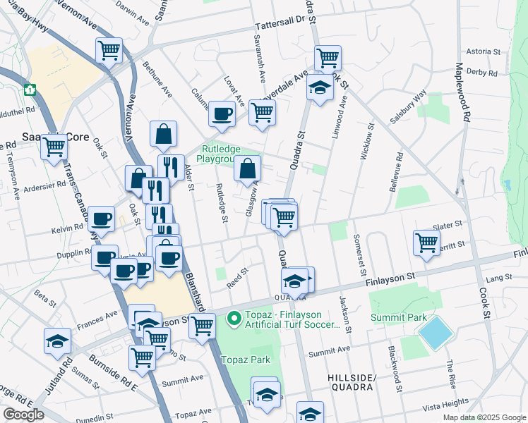 map of restaurants, bars, coffee shops, grocery stores, and more near 3224 Quadra Street in Victoria