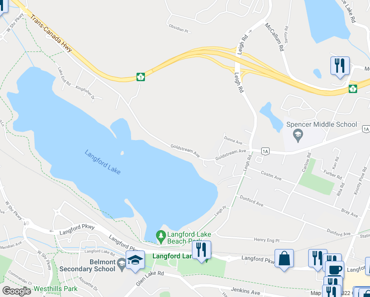 map of restaurants, bars, coffee shops, grocery stores, and more near 1162 Goldstream Avenue in Victoria