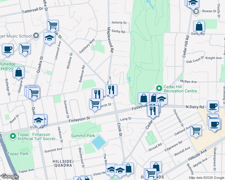 map of restaurants, bars, coffee shops, grocery stores, and more near Maplewood Road in Victoria