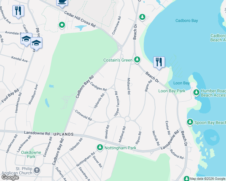 map of restaurants, bars, coffee shops, grocery stores, and more near 3416 Uplands Road in Victoria