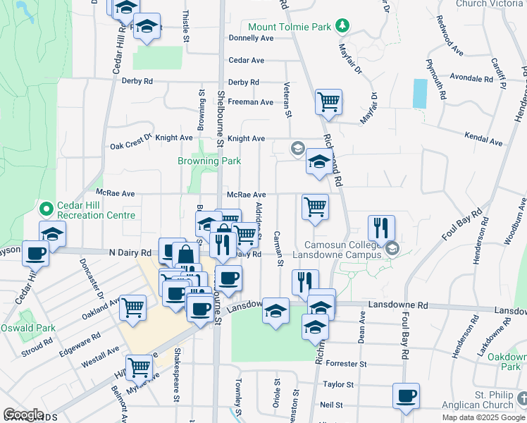 map of restaurants, bars, coffee shops, grocery stores, and more near 3237 Aldridge Street in Victoria
