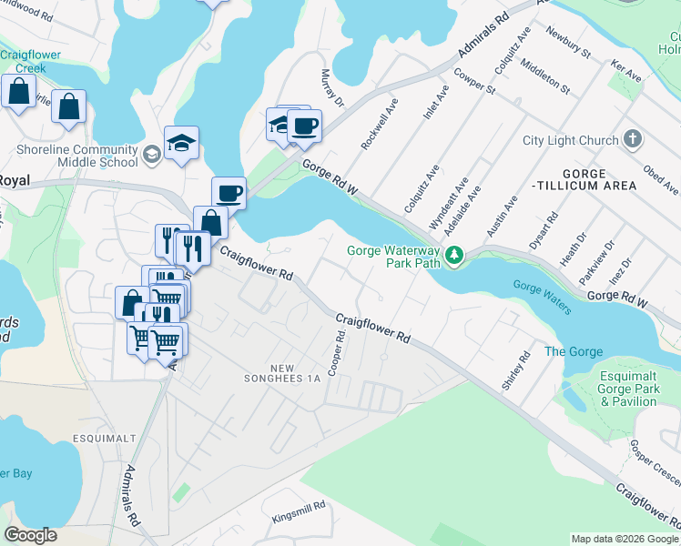 map of restaurants, bars, coffee shops, grocery stores, and more near 1377 Treebank Road West in Victoria