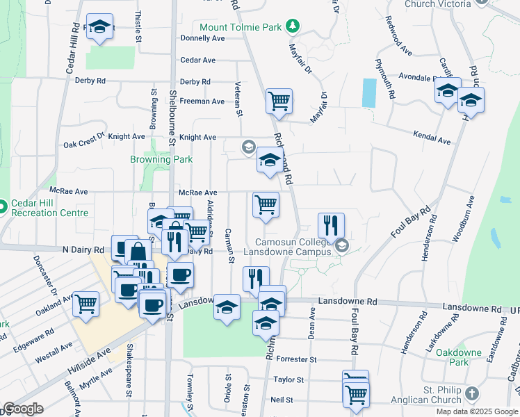 map of restaurants, bars, coffee shops, grocery stores, and more near 3236 Frechette Street in Victoria