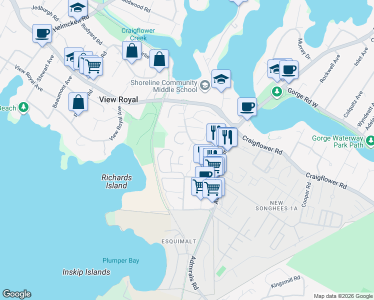 map of restaurants, bars, coffee shops, grocery stores, and more near 40 Falstaff Place in Victoria