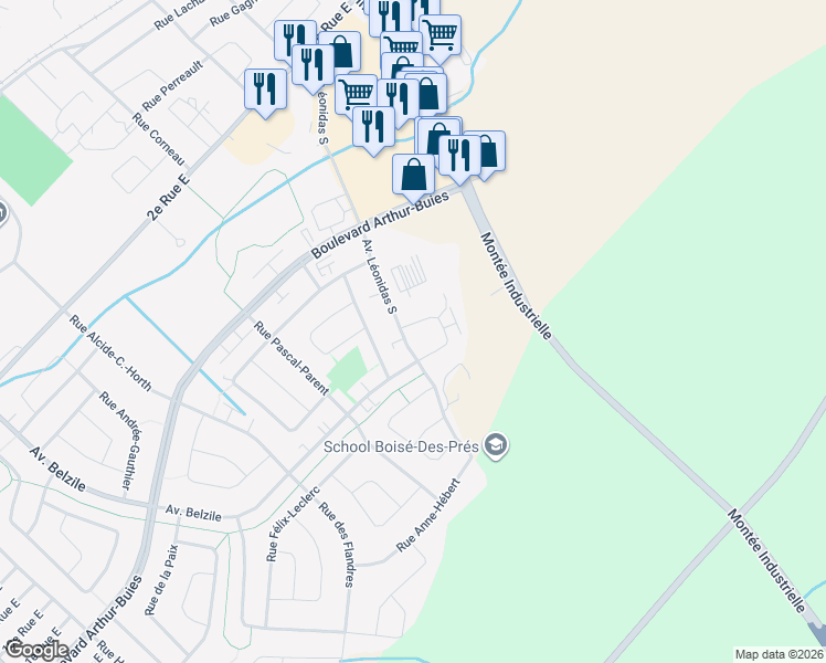 map of restaurants, bars, coffee shops, grocery stores, and more near 450 Avenue Léonidas Sud in Rimouski