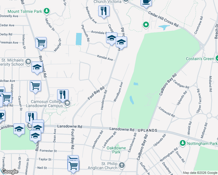 map of restaurants, bars, coffee shops, grocery stores, and more near 3293 Henderson Road in Victoria