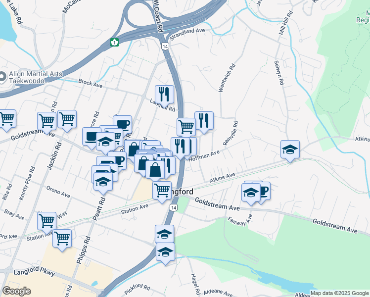 map of restaurants, bars, coffee shops, grocery stores, and more near 127 British Columbia 14 in Victoria