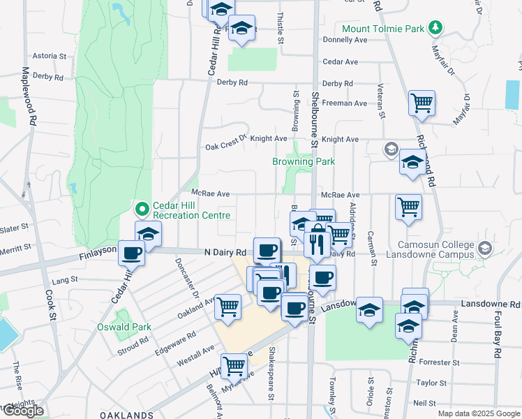 map of restaurants, bars, coffee shops, grocery stores, and more near 3245 Keats Street in Victoria