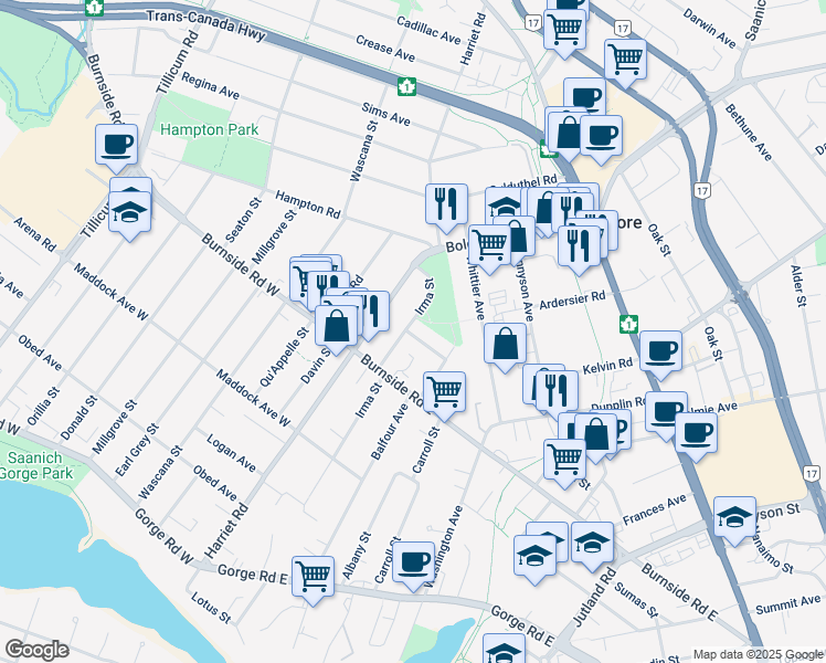 map of restaurants, bars, coffee shops, grocery stores, and more near 3241 Irma Street in Victoria