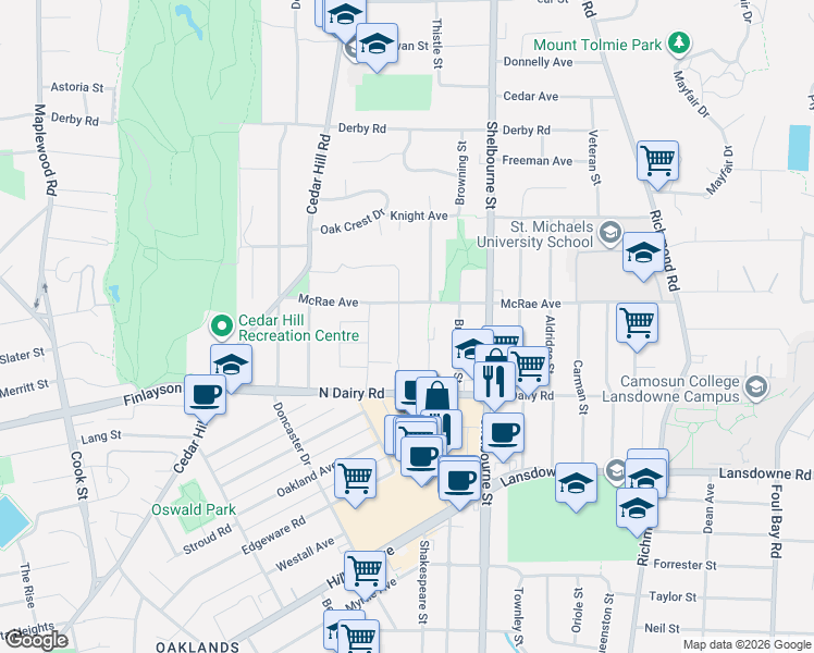 map of restaurants, bars, coffee shops, grocery stores, and more near 3245 Keats Street in Victoria