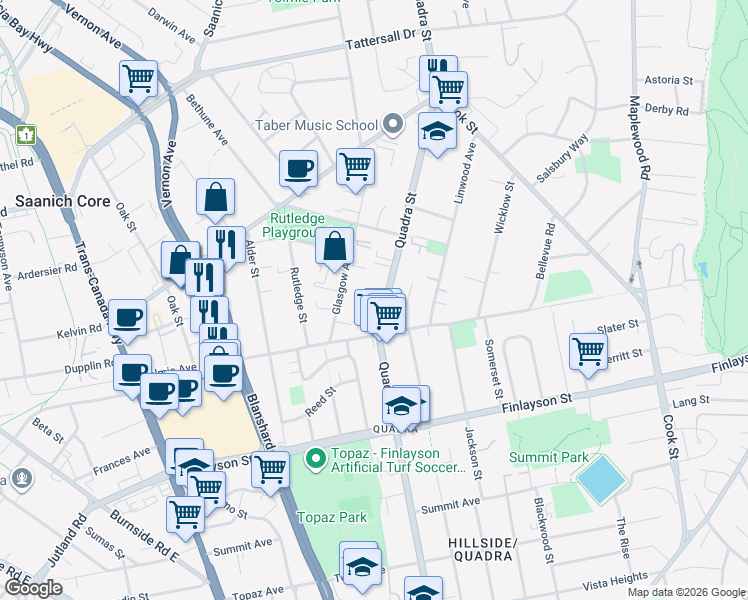 map of restaurants, bars, coffee shops, grocery stores, and more near 3234 Quadra Street in Victoria