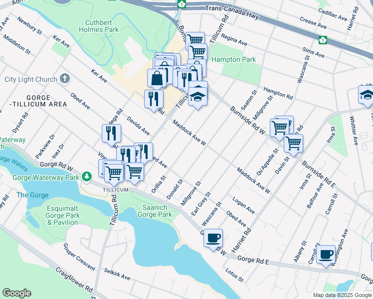map of restaurants, bars, coffee shops, grocery stores, and more near 3061 Orillia Street in Victoria