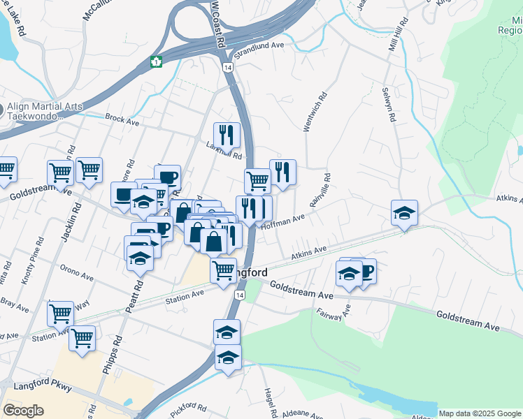 map of restaurants, bars, coffee shops, grocery stores, and more near 127 British Columbia 14 in Victoria