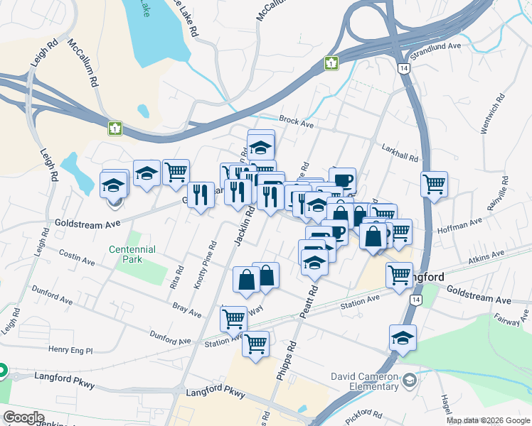 map of restaurants, bars, coffee shops, grocery stores, and more near Goldstream Avenue in Langford