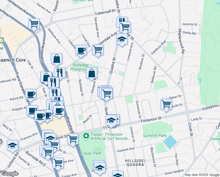 map of restaurants, bars, coffee shops, grocery stores, and more near 3235 Quadra Street in Victoria
