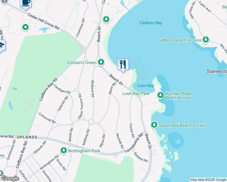 map of restaurants, bars, coffee shops, grocery stores, and more near 3375 Ripon Road in Victoria