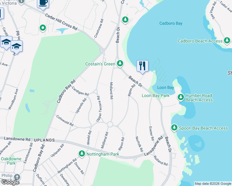 map of restaurants, bars, coffee shops, grocery stores, and more near 3355 Midland Road in Victoria