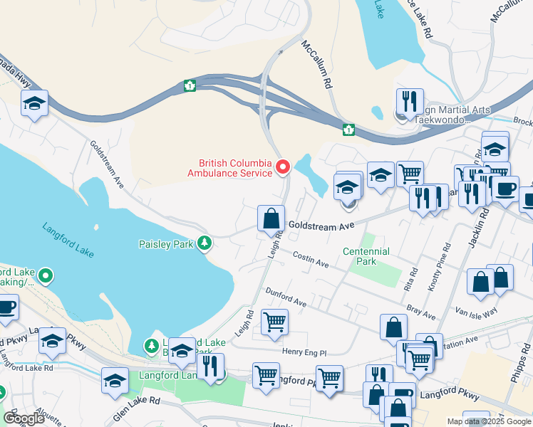 map of restaurants, bars, coffee shops, grocery stores, and more near 1112 Donna Avenue in Victoria