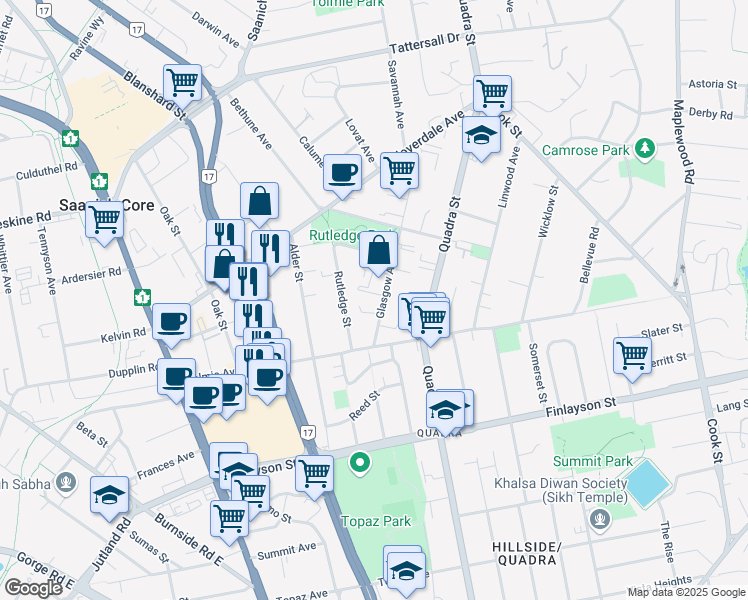 map of restaurants, bars, coffee shops, grocery stores, and more near 3240 Glasgow Avenue in Victoria