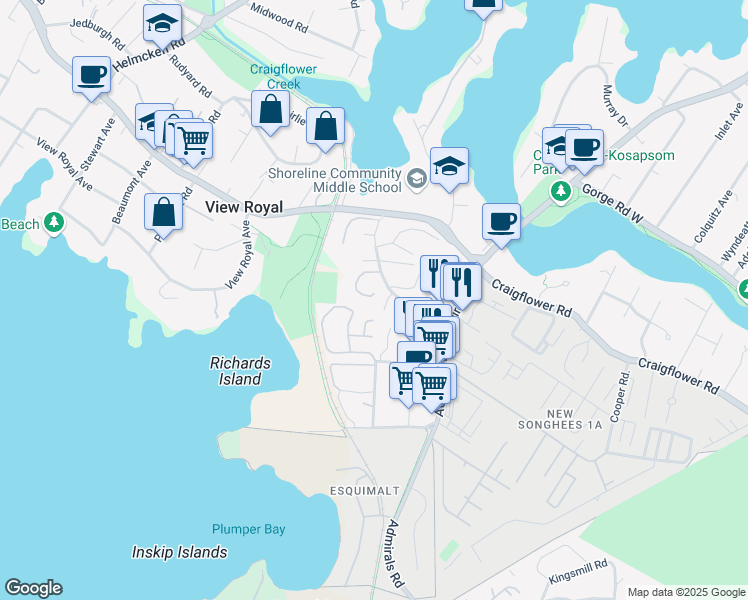 map of restaurants, bars, coffee shops, grocery stores, and more near 40 Falstaff Place in Victoria