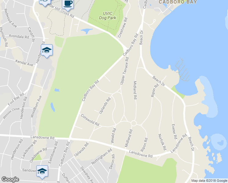 map of restaurants, bars, coffee shops, grocery stores, and more near 3416 Uplands Road in Victoria