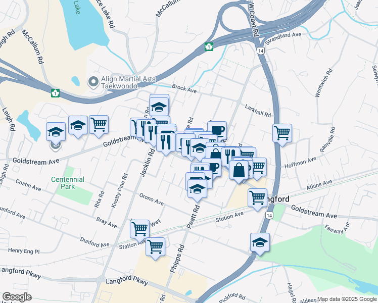 map of restaurants, bars, coffee shops, grocery stores, and more near 844 Goldstream Avenue in Victoria