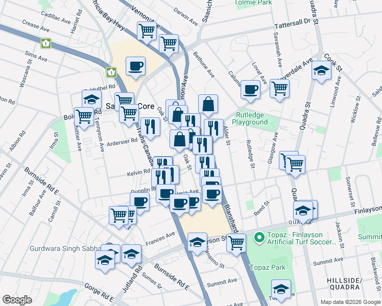 map of restaurants, bars, coffee shops, grocery stores, and more near 805 Cloverdale Avenue in Victoria