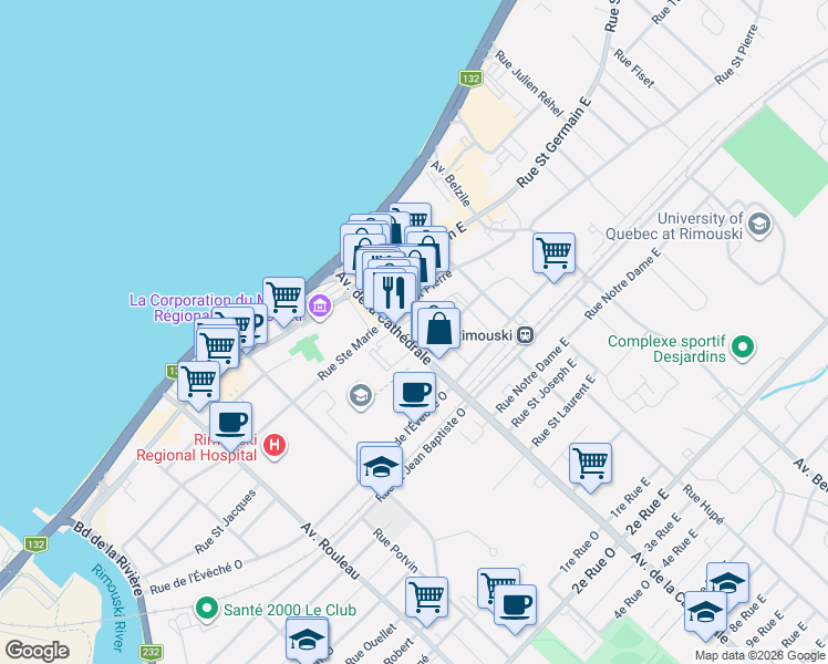 map of restaurants, bars, coffee shops, grocery stores, and more near 180 Avenue de la Cathédrale in Rimouski