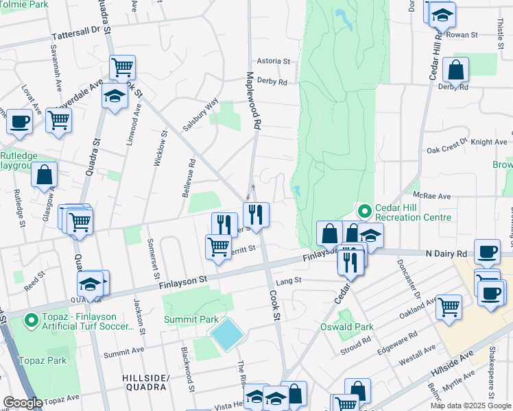 map of restaurants, bars, coffee shops, grocery stores, and more near Maplewood Road in Victoria