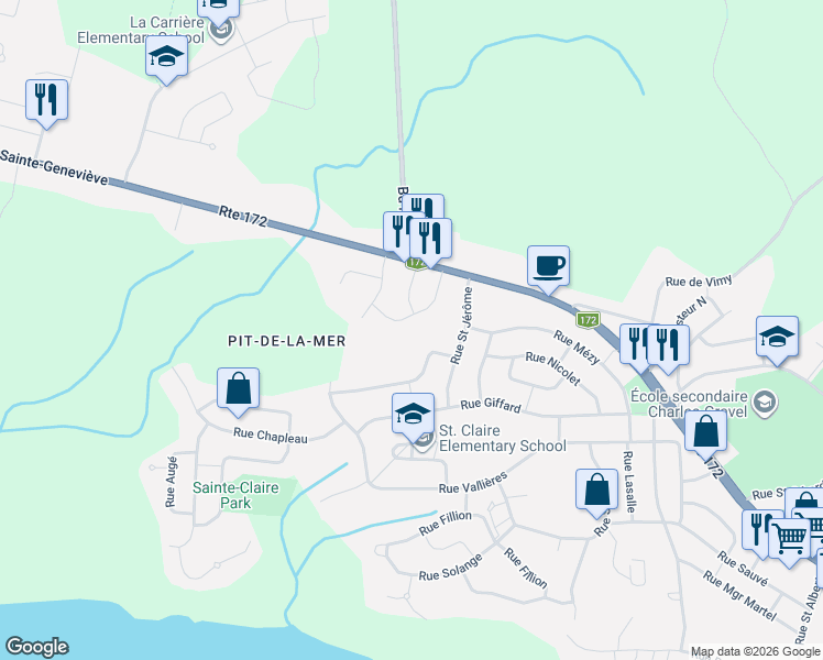 map of restaurants, bars, coffee shops, grocery stores, and more near 151 Rue Saint Sauveur in Saguenay