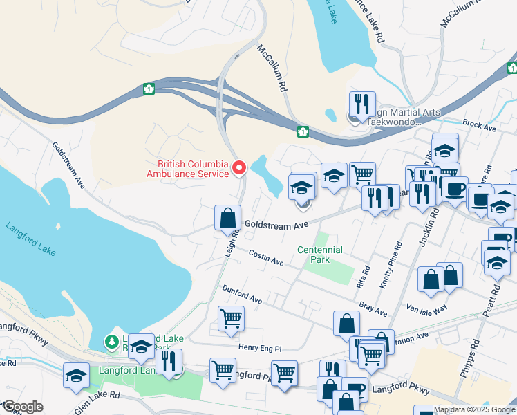map of restaurants, bars, coffee shops, grocery stores, and more near 1090 Goldstream Avenue in Victoria