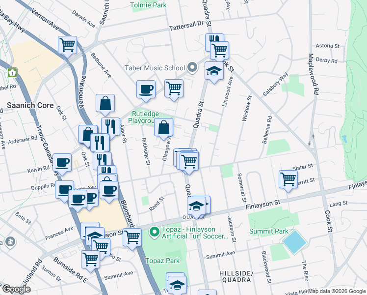 map of restaurants, bars, coffee shops, grocery stores, and more near 3244 Quadra Street in Victoria