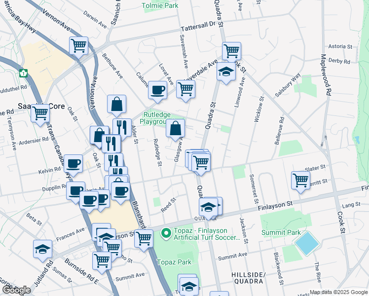 map of restaurants, bars, coffee shops, grocery stores, and more near 3255 Glasgow Avenue in Victoria