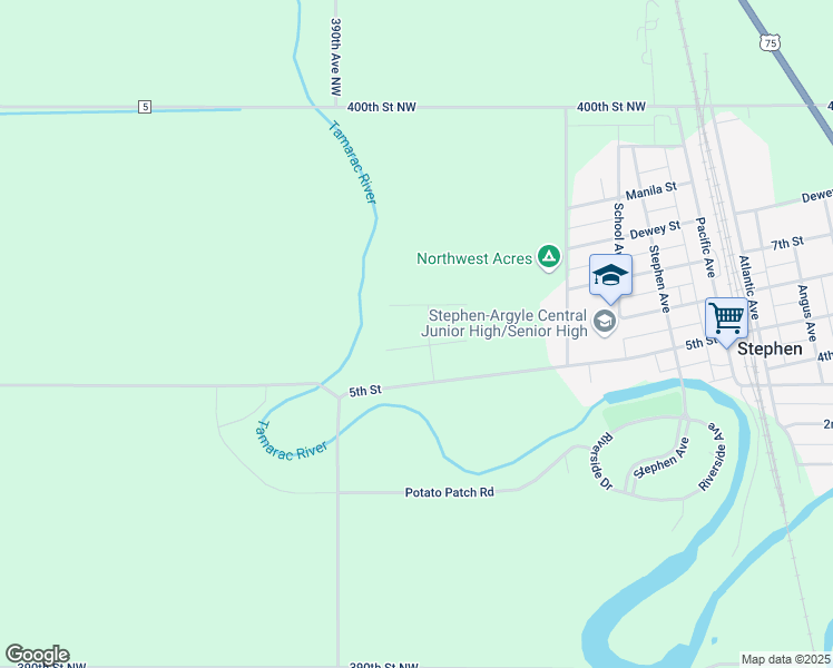 map of restaurants, bars, coffee shops, grocery stores, and more near 851 Prairie Street in Stephen