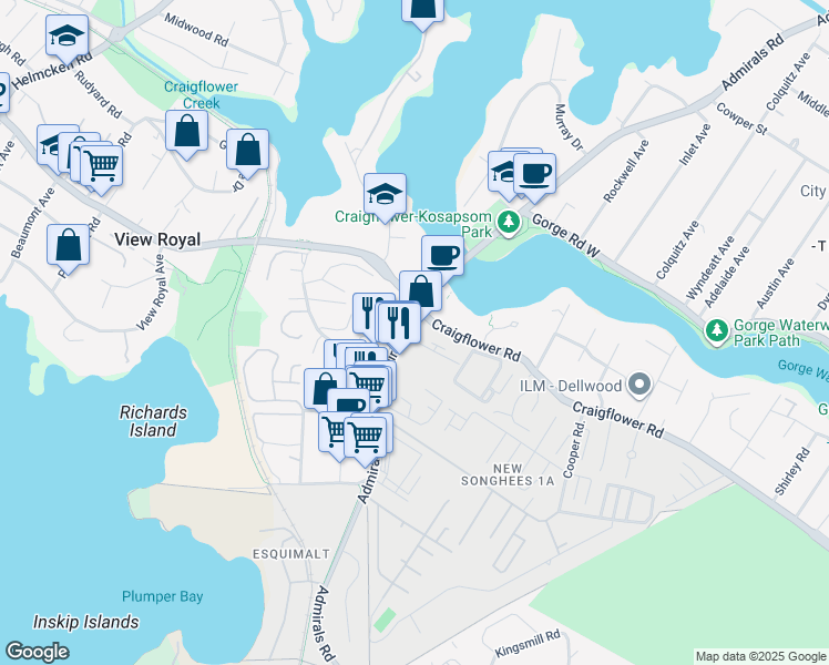 map of restaurants, bars, coffee shops, grocery stores, and more near 1506 Admirals Road in Victoria