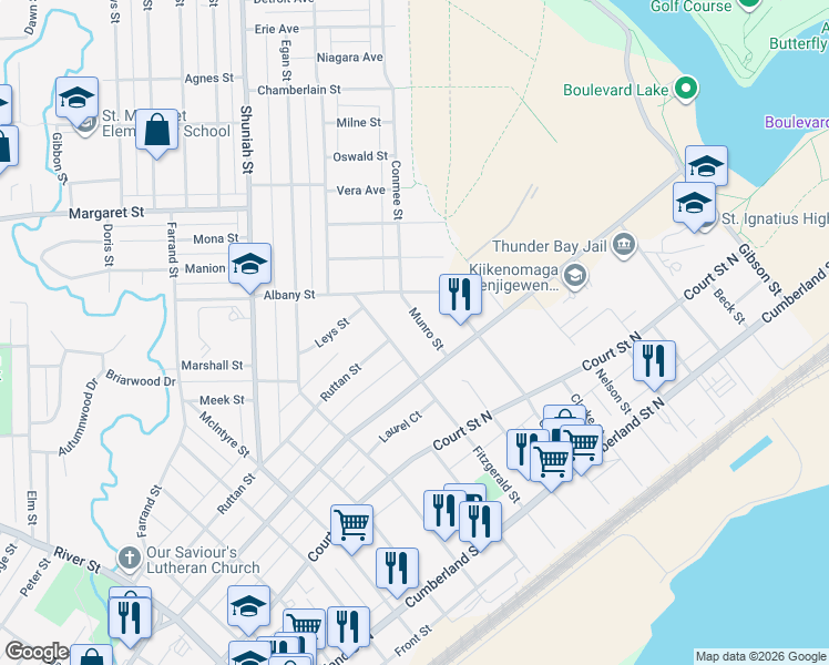 map of restaurants, bars, coffee shops, grocery stores, and more near 335 Munro Street in Thunder Bay