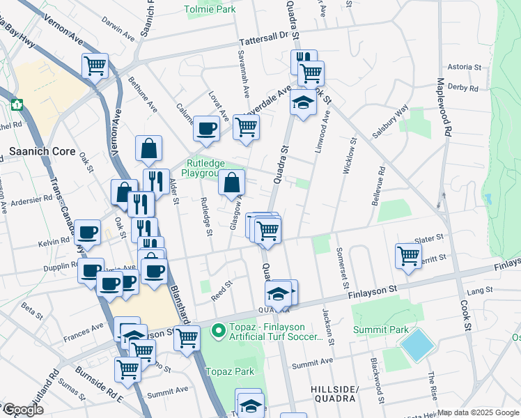 map of restaurants, bars, coffee shops, grocery stores, and more near 3235 Quadra Street in Victoria