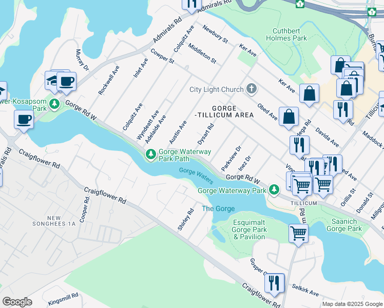 map of restaurants, bars, coffee shops, grocery stores, and more near 2822 Dysart Road in Victoria