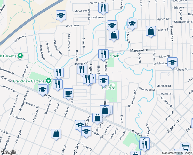 map of restaurants, bars, coffee shops, grocery stores, and more near 74 Birch Street in Thunder Bay