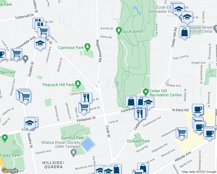 map of restaurants, bars, coffee shops, grocery stores, and more near 1286 Tolmie Avenue in Victoria