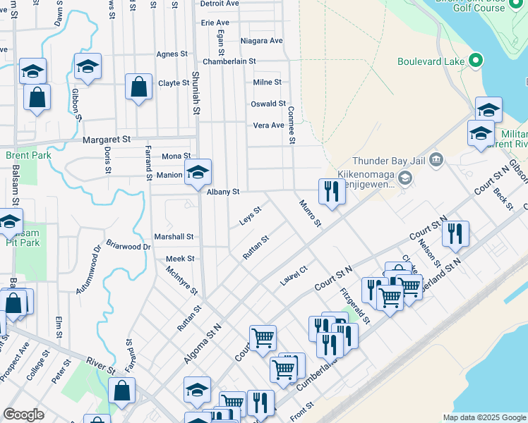 map of restaurants, bars, coffee shops, grocery stores, and more near 33 Leys Street in Thunder Bay