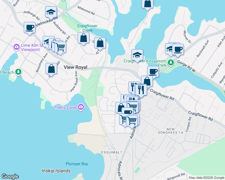 map of restaurants, bars, coffee shops, grocery stores, and more near 40 Falstaff Place in Victoria