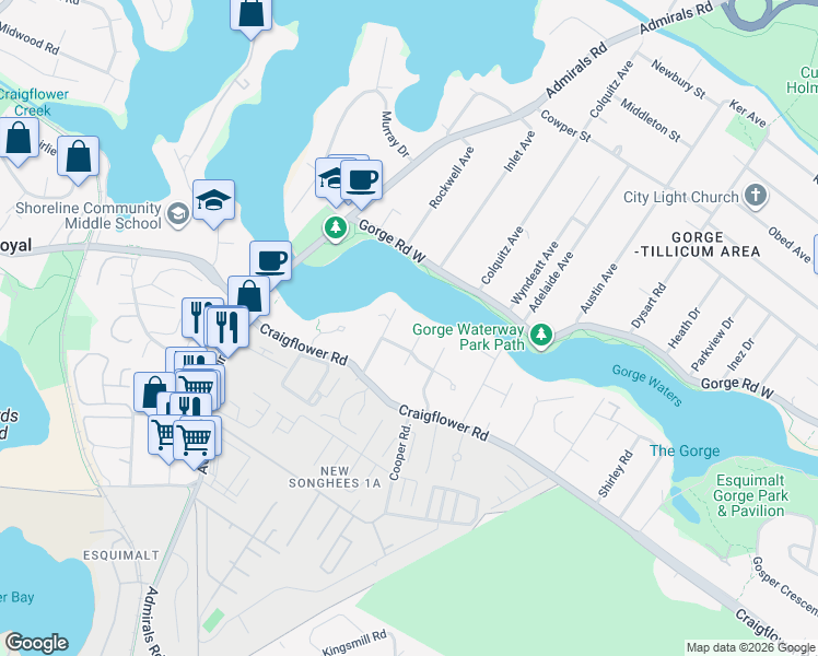 map of restaurants, bars, coffee shops, grocery stores, and more near 1377 Treebank Road West in Victoria